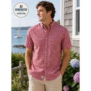 Vineyard Vines Mens M Slim Fit Murray Shirt Salmon Pink Fish Print Short Sleeve